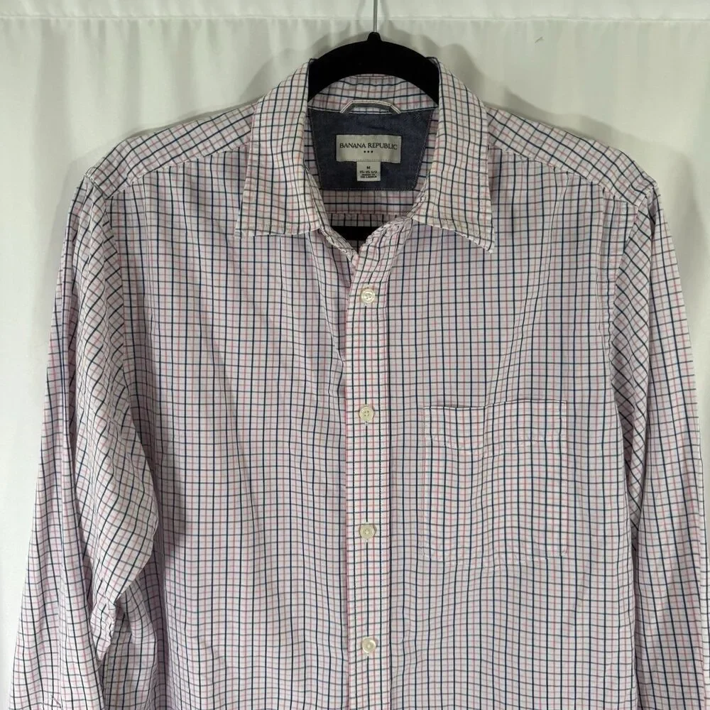 Banana Republic Dress Shirt Men's Medium 15.5 White Pink Plaid Button Up Long Sl